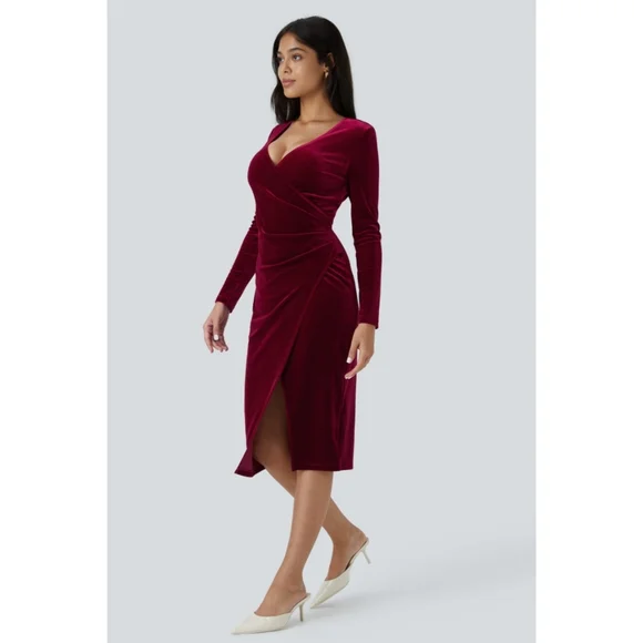 NWT Halara V Neck Long Sleeve Ruched Velvet Mini Dress Size M - Picture 3 of 6